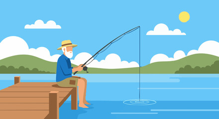 Naklejka premium Elderly man fishing on a wooden dock by the lake on a sunny day