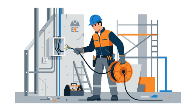 Electrician in Safety Gear Installing Electrical Cables and Wiring at a Building Construction Site, Flat Vector Illustration