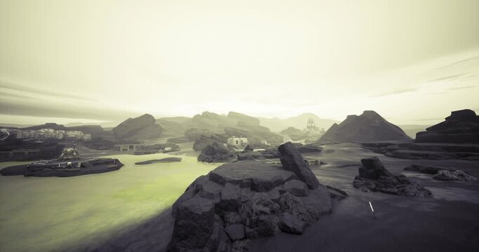 Secluded summit gazing at glowing lakes, Solitary rock platform observing shimmering pools and expansive landforms with gentle dawn illumination