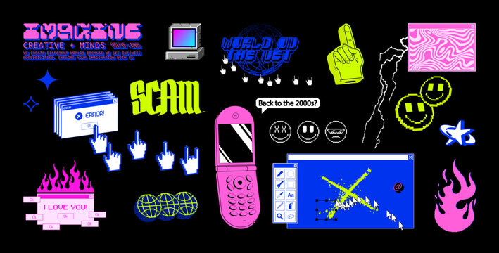 Y2K digital collage with pixel smileys, retro pop-up windows, cursors, flip phone, flames, glitch screens, and neon icons. Bold nostalgic visuals in 2000s web style. Vector Y2K set