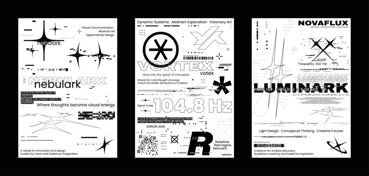 Modernism and brutalism posters in monochrome A4 format with glitch and chaos effects. Y2K and Swiss style, minimal and anti-design vibe. Posters reflect modernist poster art and glitch aesthetics.