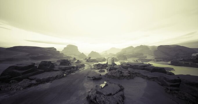Industrial outpost overlooking salt flats under dusky light, stacked containers and pipework, gravel tracks leading to distant horizon, gritty utilitarian