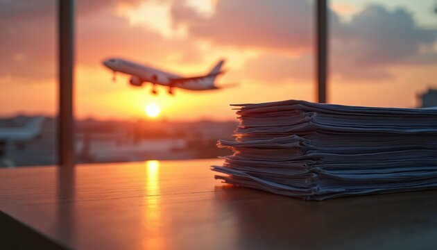 Papers sit on airport table while plane takes off at sunset. Warm orange sky and blurred background suggest travel, business, and departure.
