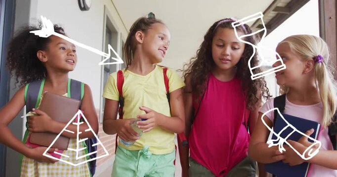 4 girls walking school corridor between classes, frame two white overlays appearing above backpacks