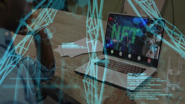 Man watching laptop as NFT display shifting, causing blue network code to overlay screen for data
