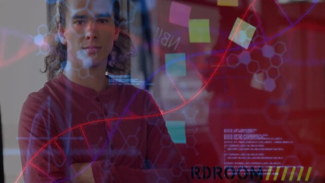 Sliding RDROOM graphics leading man uncrossing and stepping closer to glass at office facing camera