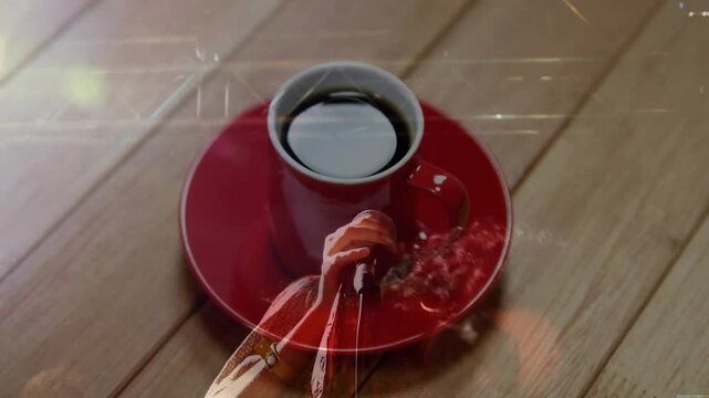 Female singer starting song, moving microphone toward red cup as overlay shifting for music promo