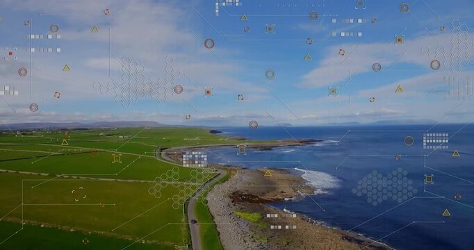 Drone advancing along coastal road, revealing curved bay and activating HUD graphics for mapping