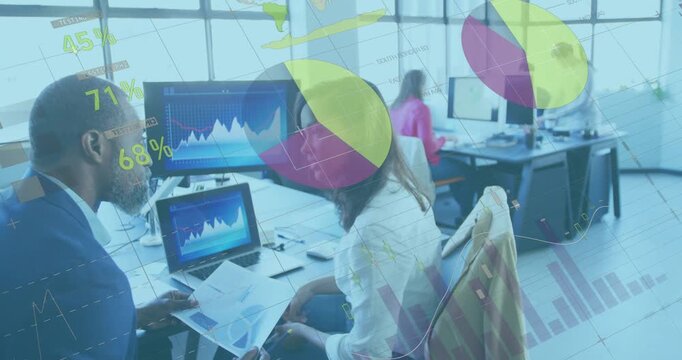 Man leaning and pointing triggers woman reviewing business charts, overlay graphics guiding signoff