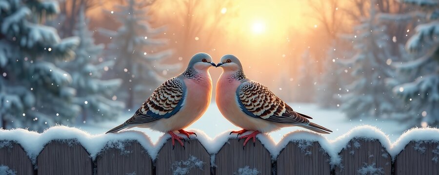 Two turtle doves rest on a snow covered fence. Gentle sunlight shines through trees in a peaceful winter forest. Snowflakes fall softly around the birds during golden hour.