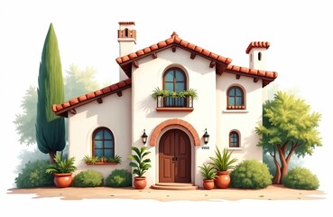 Fototapeta premium Charming two story Spanish villa exterior. White walls and red tile roof. Arched windows, central double doors. Lush green plants and trees surround home. Balcony adds classic detail.