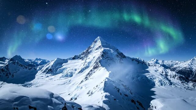 Stunning timelapse of snow-covered mountain with the majestic aurora borealis dancing across the night sky