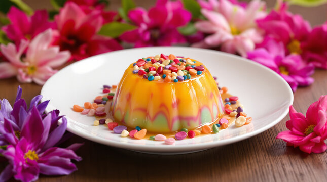colorful pudding on the table with flowers