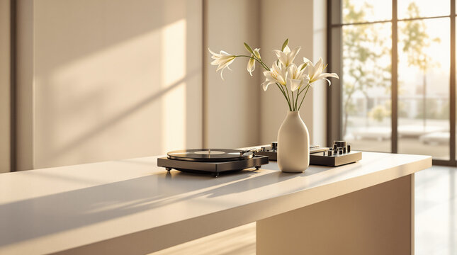 musical instruments on a table with a vase of flowers