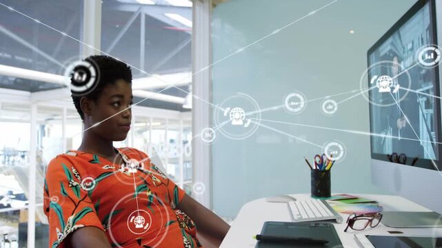 Vertical video: Rubbing head, woman in floral dress overwhelmed as overlay rising at office screen