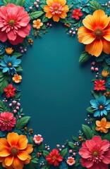 Fototapeta premium Bright floral border frames teal space with vibrant flowers, leaves and buds. Assortment of colorful blooms including pink, orange, blue, and red petals.