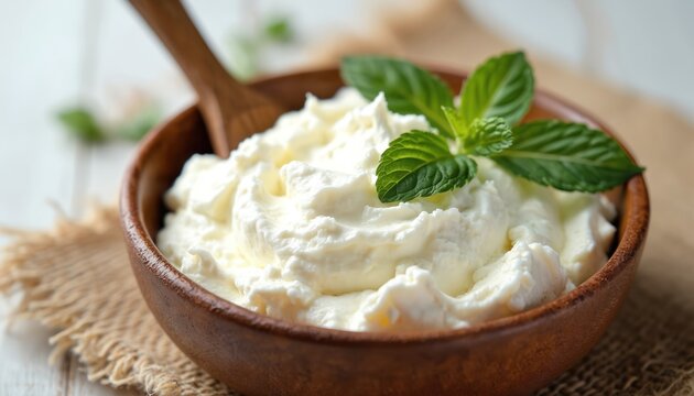 Fresh ricotta cheese sits in a rustic wooden bowl, topped with bright green mint leaves. A wooden spoon rests in the creamy dairy product. Natural food ingredient for healthy meals and snacks.