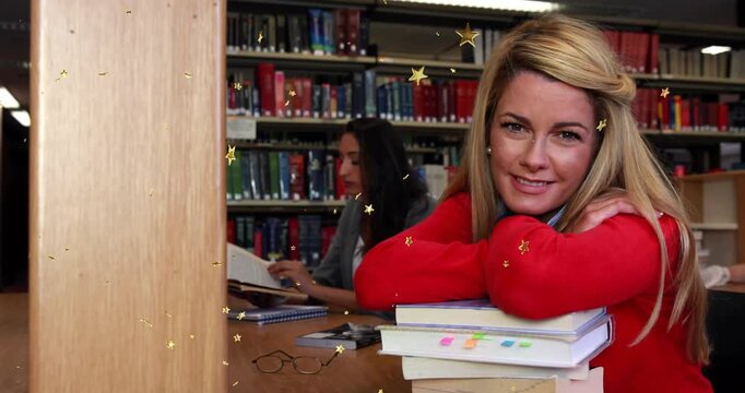 Red-sweater woman leaning on books, camera shifting right, gold stars drifting over scene, studying