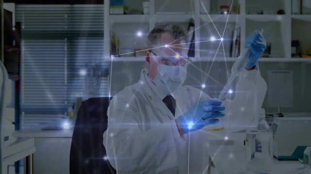 Lead scientist pipetting, lowering pipette, drawing liquid while data overlay flaring for research