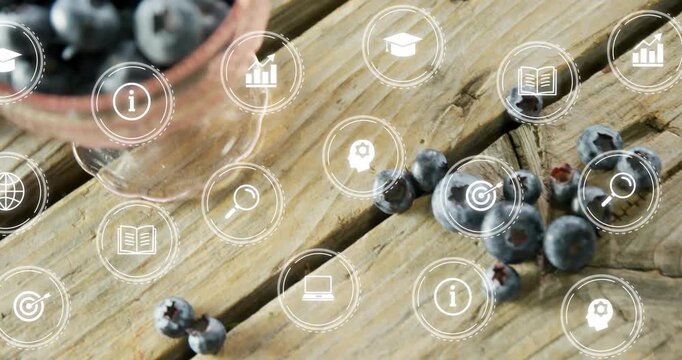 Blueberry jar filling as camera panning left, zooming, white UI icons highlighting jar for food ads