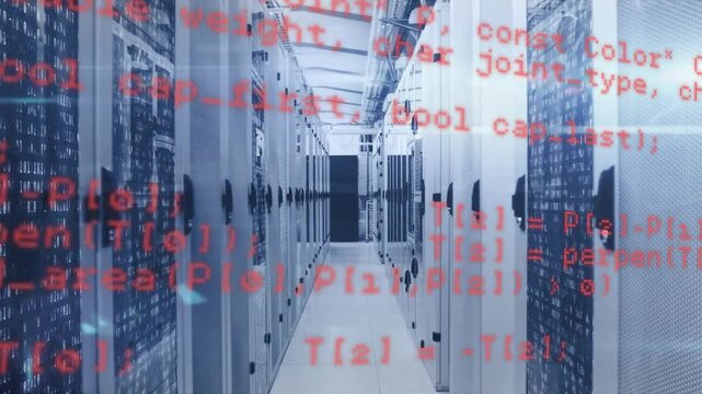 Server aisle staying static, red code overlay appearing and scrolling, showing network flow