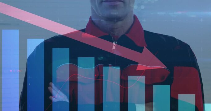 Mature man uncrossing arms as camera zooming in, finance chart overlay falling red arrow, reacting
