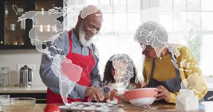Vertical video: Man cracking egg kid pouring cups woman stirring mix, map showing areas for baking