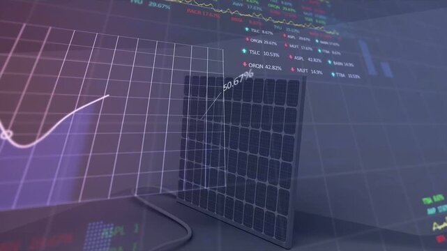 Solar panel resting in corner, overlays fading in, mapping energy charts, percent labels fading out