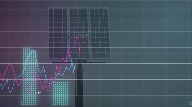 Vertical video: Solar array on pole, grid showing and arrow starting graphs, bars, % for energy
