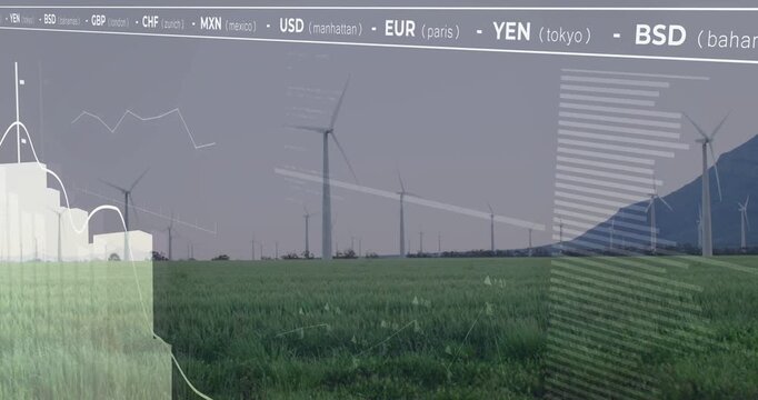 Currency ticker starting and driving financial overlay growing over wind farm, bars and line rising