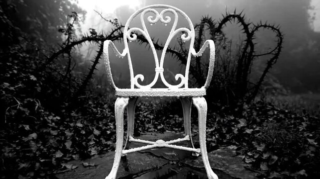 Spooky gothic black and white video of a white wrought iron chair in a desolate and mysterious environment with thorny vines
