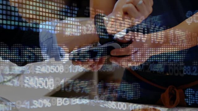 Cafe barista holding POS customer tapping wearable paying handing coffee under faint ticker overlay