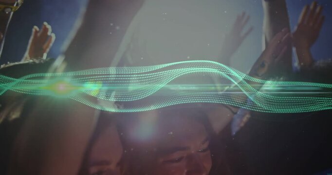 Group of music fans raising hands, reacting to pulsing animated waveform and rising backlight