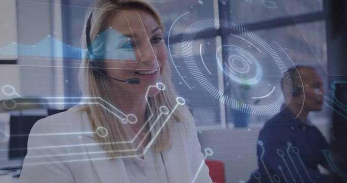 Woman support agent receiving call holding pen using headset, HUD showing metrics assisting caller