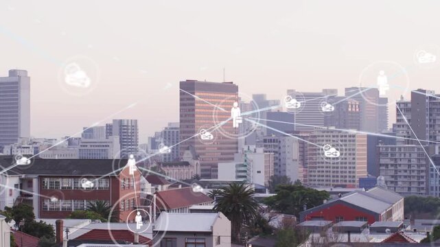 HUD circle appearing skyline business icon sending links to cloud and briefcase showing network