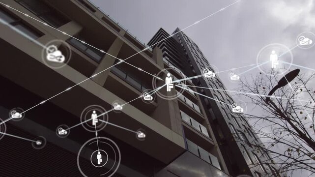 Building showing single user icon appearing and expanding into dense tech network connecting users