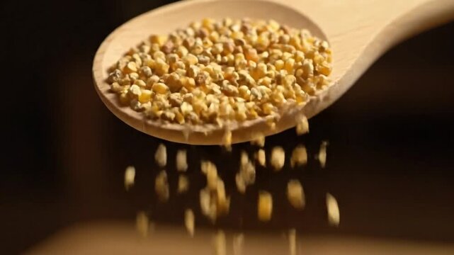 Close-up of wooden spoon releasing golden bee pollen grains onto a dark surface in slow motion