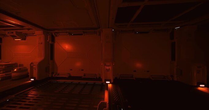 dim red docking bay with empty platform and reflective floor, subtle hazard markers and recessed lights create moody industrial atmosphere, open bulkhead