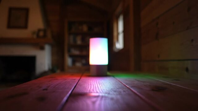 Cozy cabin interior with wooden table and color-changing lamp providing soft ambient lighting