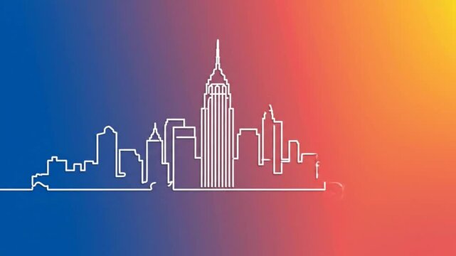 Minimalist cityscape skyline line art animation with vibrant blue and orange gradient background