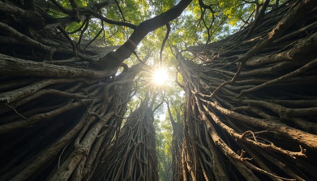 Sunlight filters through a dense network of tangled old tree branches and vines forming a natural labyrinth. Twisted wood creates organic patterns against the green canopy overhead in a wild forest.