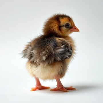Small fluffy chick stands on white studio background. Adorable baby bird with brown and yellow feathers looks to the side. Tiny creature shows fragile legs and feet.