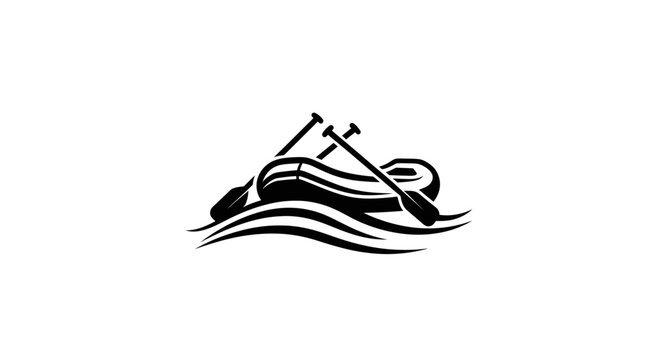 Rafting boat with oars on wavy water, black and white graphic icon