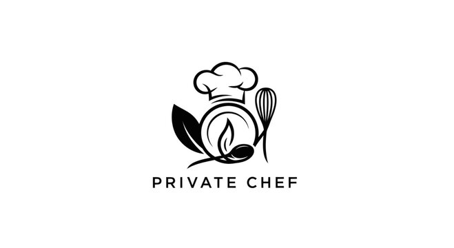 Private Chef Logo: Whisk, Spoon, Leaf, Flame, Chef Hat - Culinary Symbol