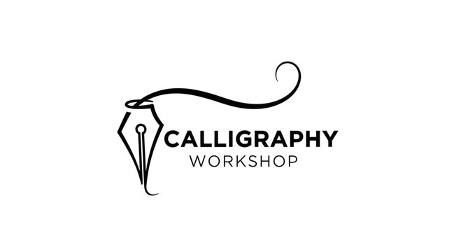 Elegant Calligraphy Workshop Logo with Quill Pen and Swirl