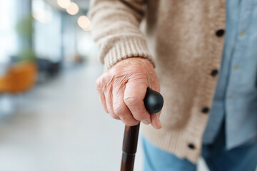 Fototapeta premium Close-up of an elderly hand holding a walking cane. Wrinkled skin shows age and experience. Person wears a soft cardigan and blue jeans. Blurred background suggests a calm indoor space