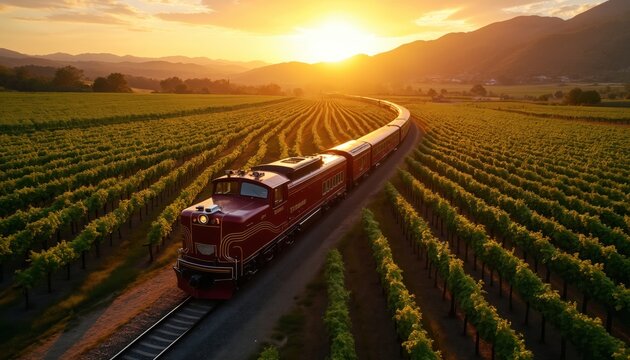 Train travels through vineyard landscape at sunset. Golden sun shines on rolling hills and green grape rows. This luxury rail journey offers scenic views and peaceful travel.
