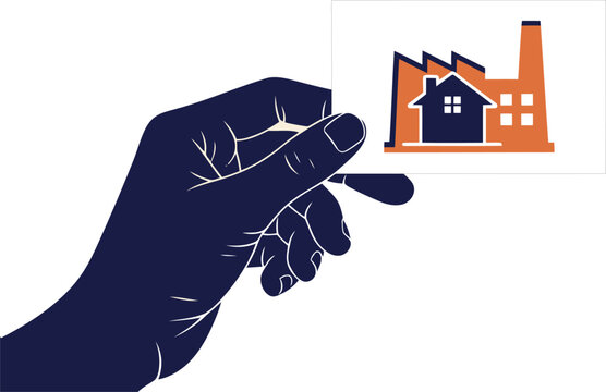A hand holds a business card featuring a logo of a factory with a house, symbolizing loft conversion branding. Modern, clean design.