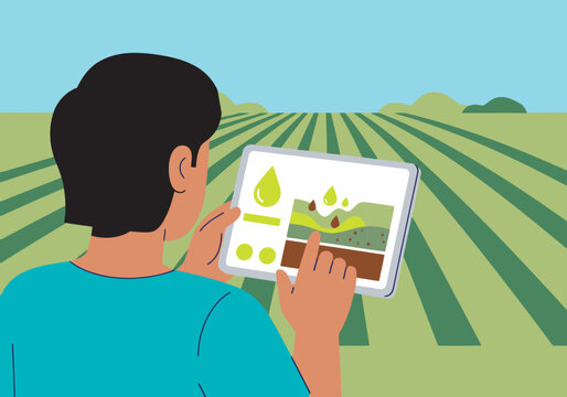 A young man monitors a tablet displaying a soil sensor graphic over a field. Smart irrigation technology visualized. Modern, informative, agricultural.