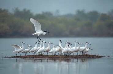 Obraz premium Flock of white birds gathered on small island. One bird flies over group near calm water. Background shows blurred green trees and sky. Wildlife scene with many white avian animals.